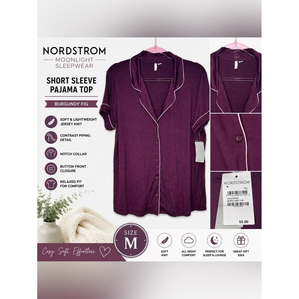 NWT Nordstrom Moonlight Burgundy Fig Short Sleeve Button Front Pajama Top Medium